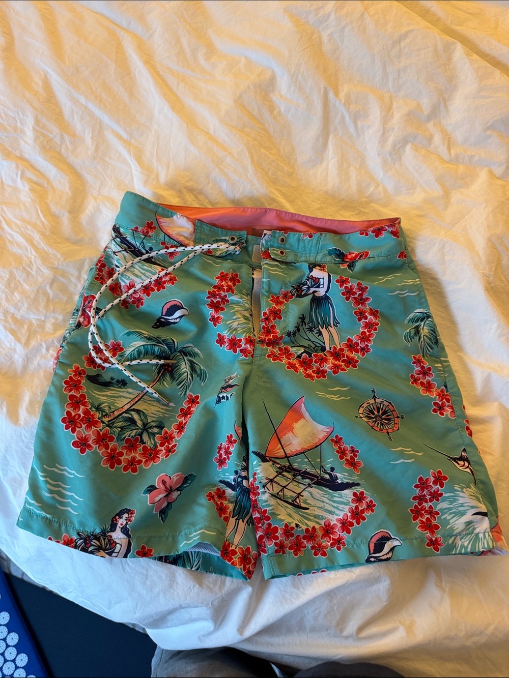 Express brand Aloha Print Swim Trunks in Teal and Red